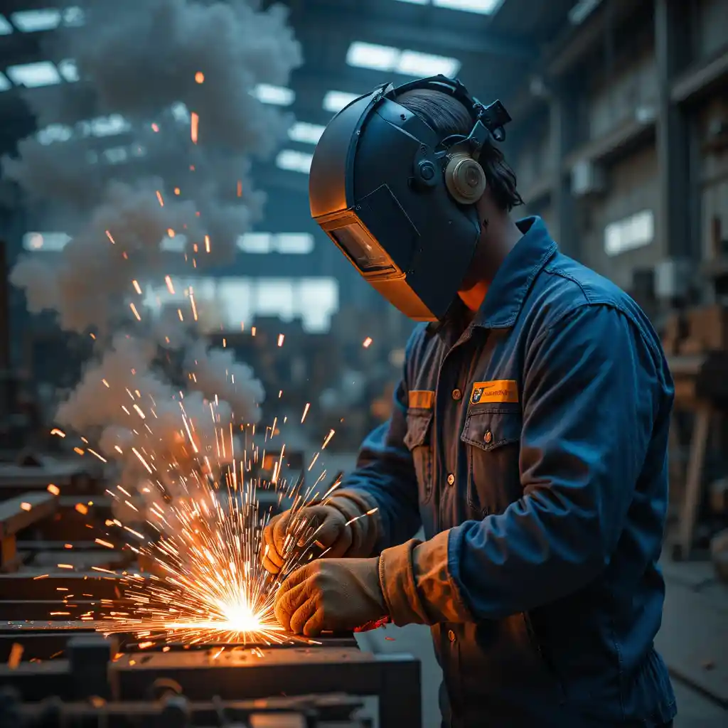 Indian steel welder working in cinematic industrial workshop