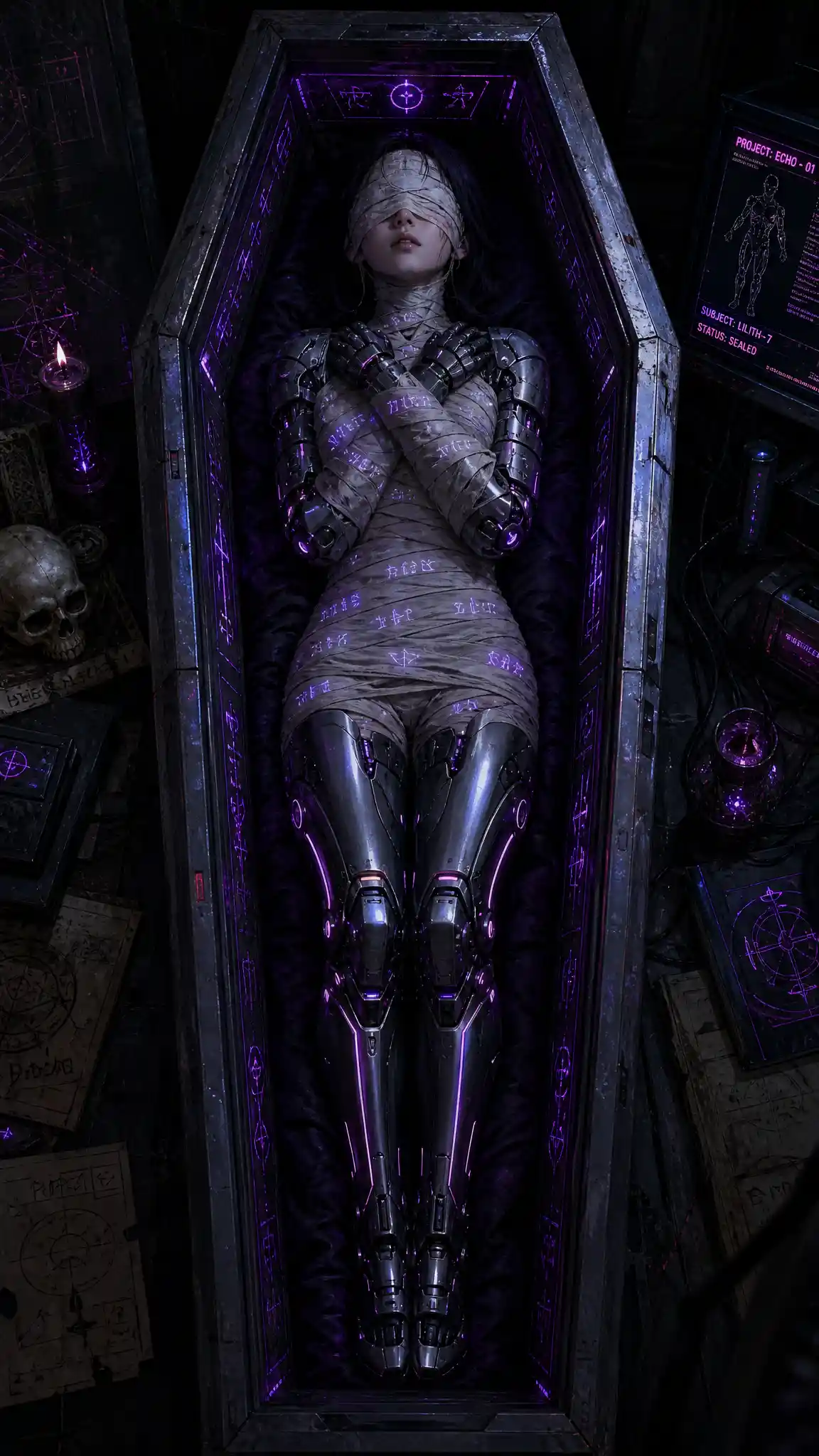Cyberpunk woman bound in runes inside open coffin