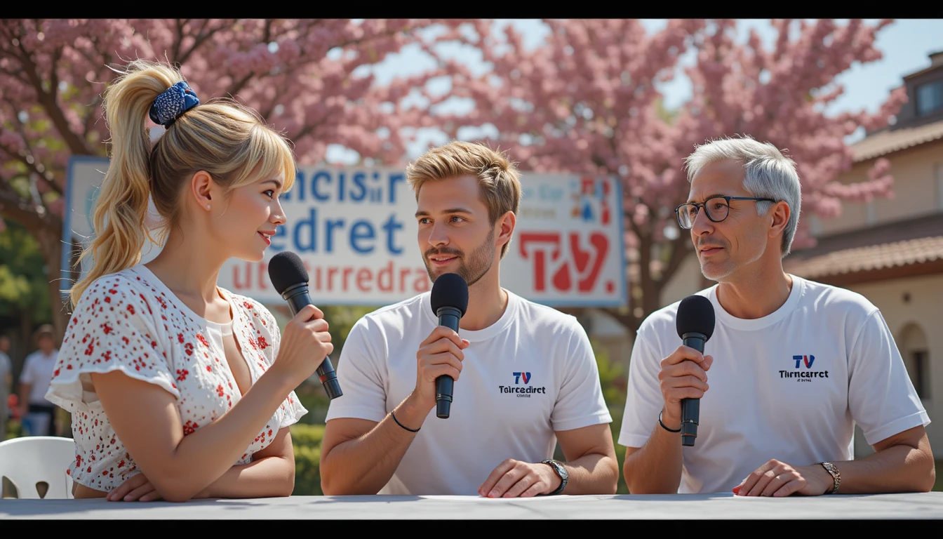 Three commentators talking at an outdoor daytime broadcast table