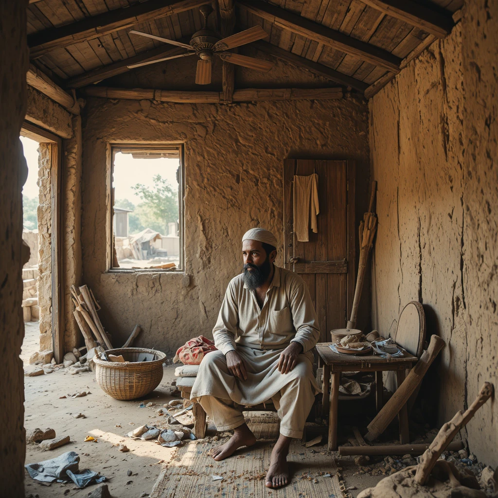Pakistani man resting on charpai in a hot village house