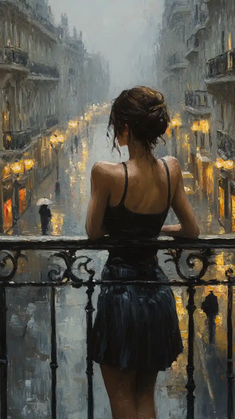 Woman on balcony overlooking rainy european city street