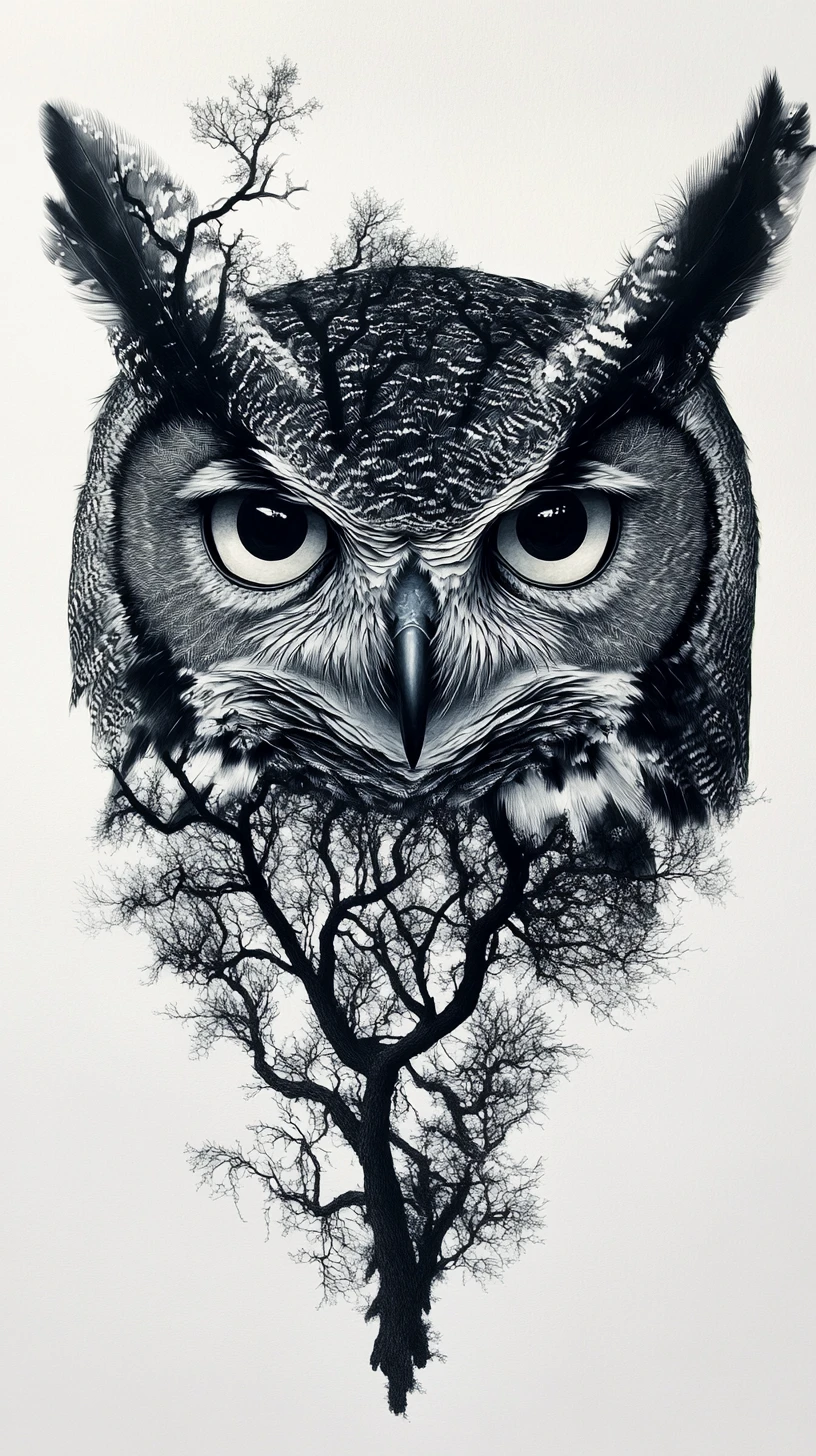 Great horned owl merging into intricate tree canopy worlds