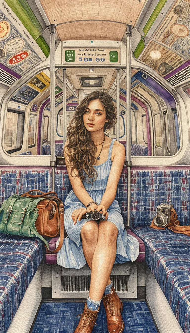 Young woman on London Underground seat in pencil illustration