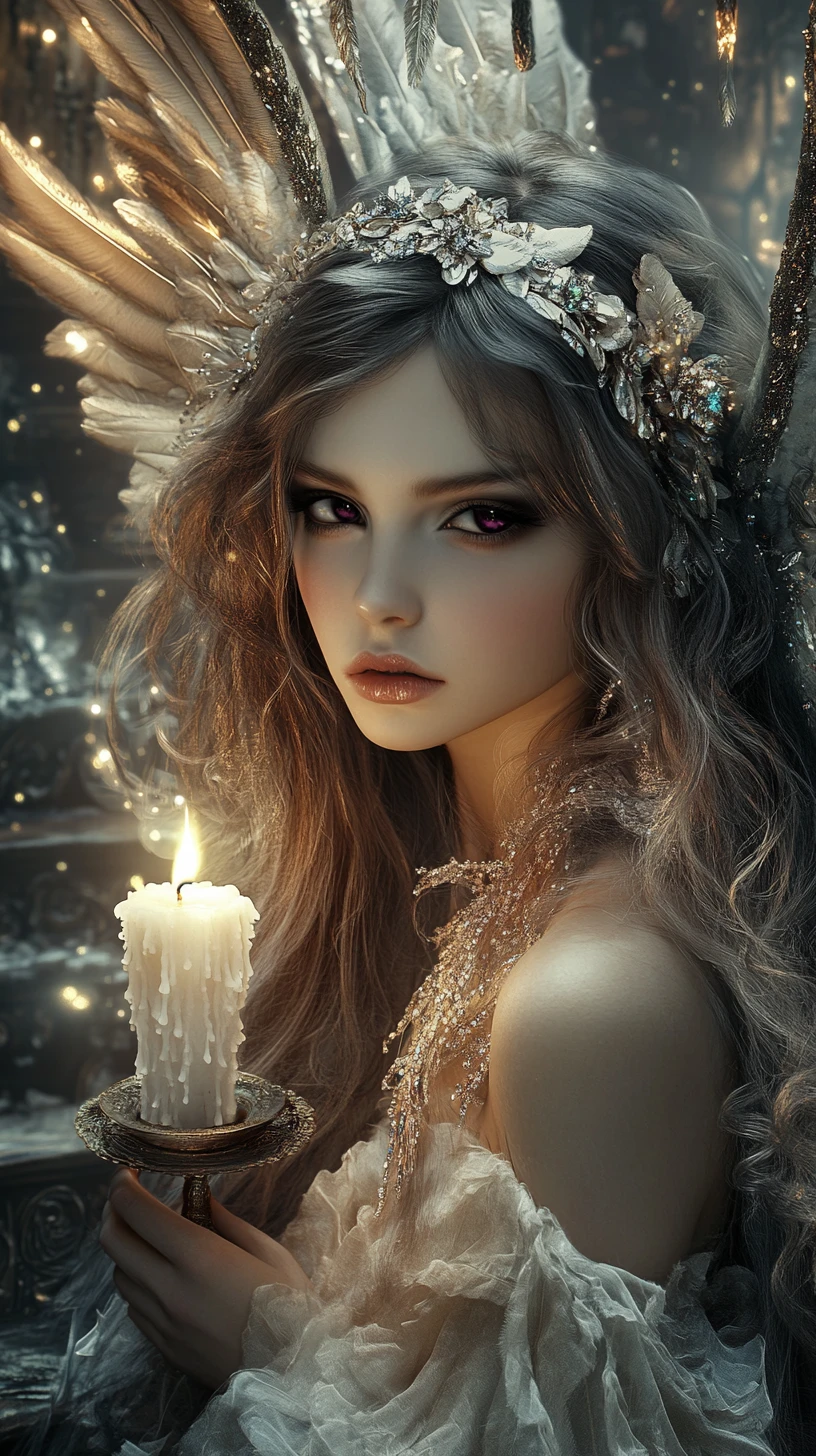 Whimsical fairy with jeweled wings holding a glowing candle