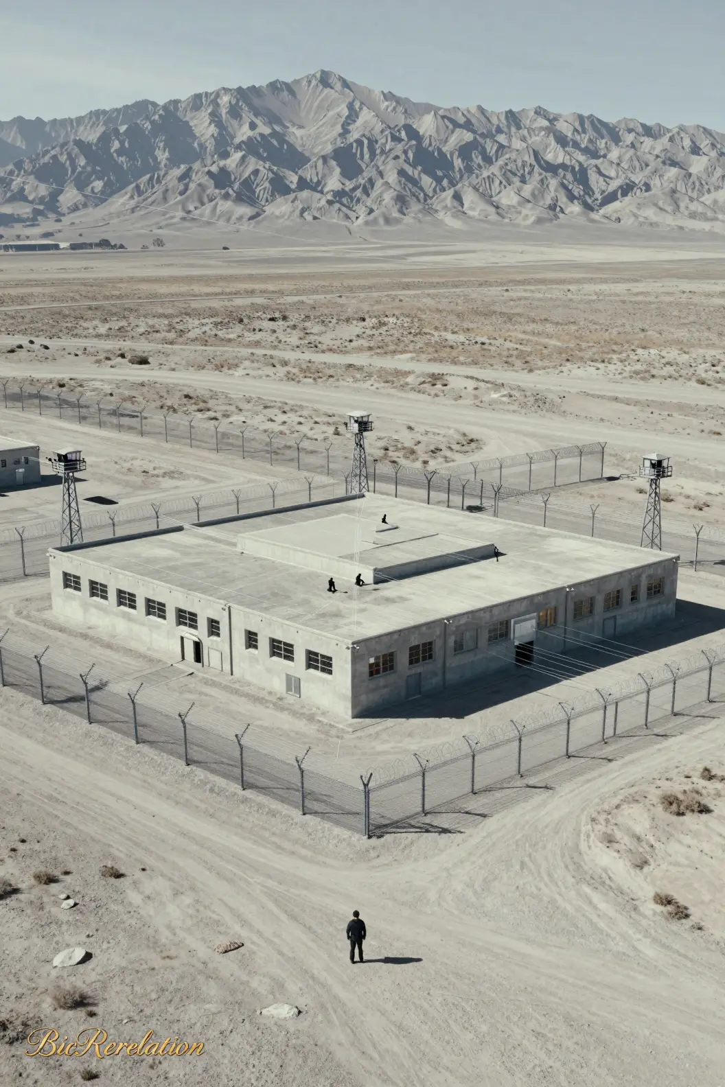 Aerial cinematic view of a remote desert prison complex