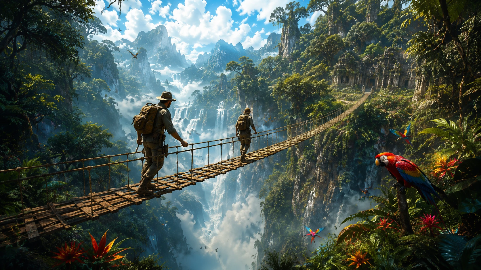 Exploradores cruzando un puente de cuerda sobre una estruendosa cascada en la jungla