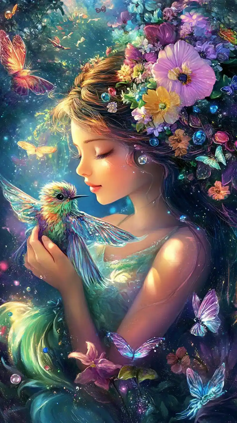 Girl holding a rabbit in a dreamy fairy tale garden