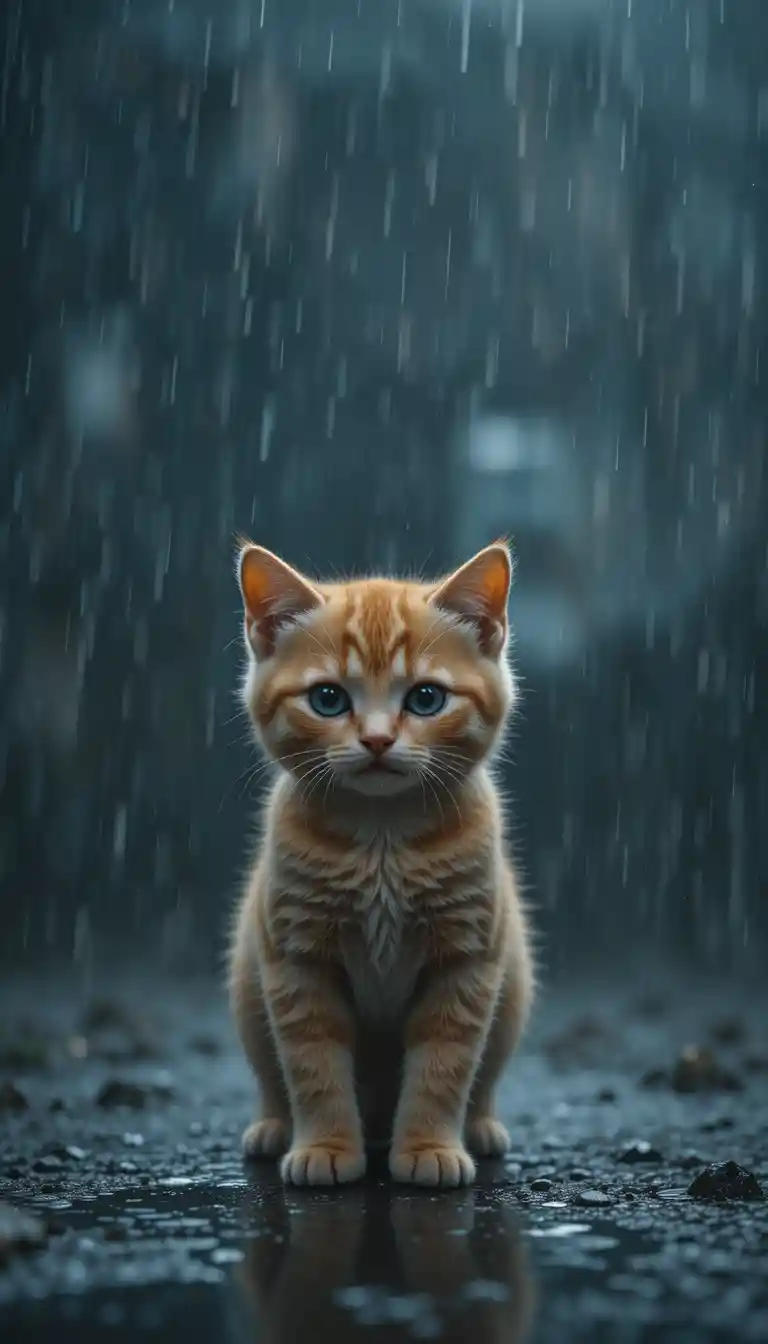 Small orange kitten alone in heavy rain with sad eyes