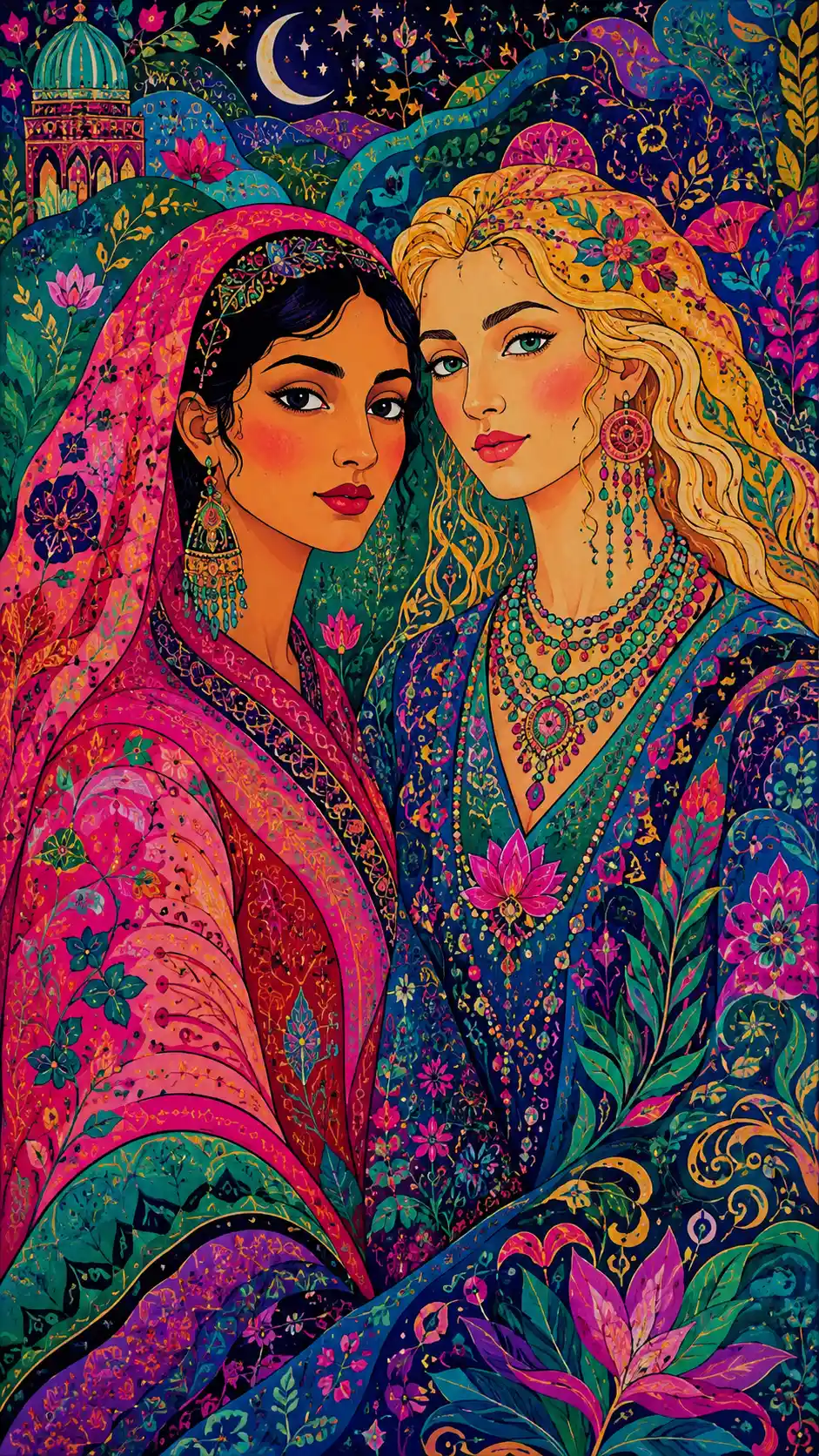 Two women in vibrant folk art psychedelic illustration