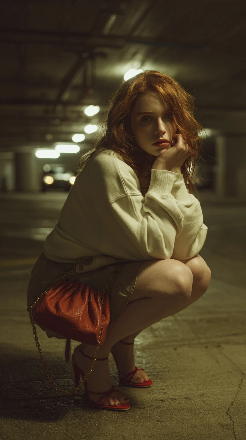 Red haired woman posing in dim underground parking