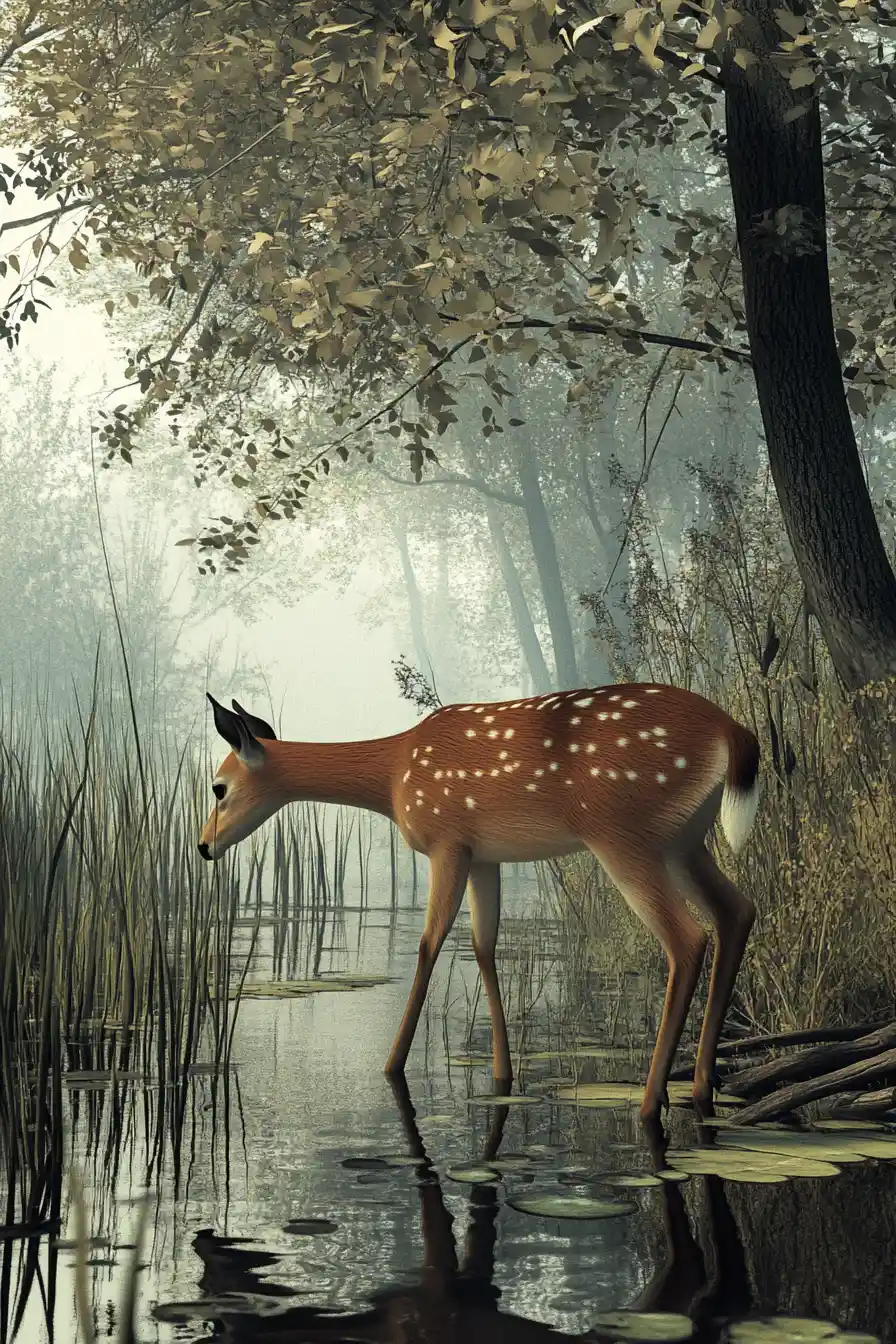 Deer Drinking Beside Misty Riverside Under Morning Stars