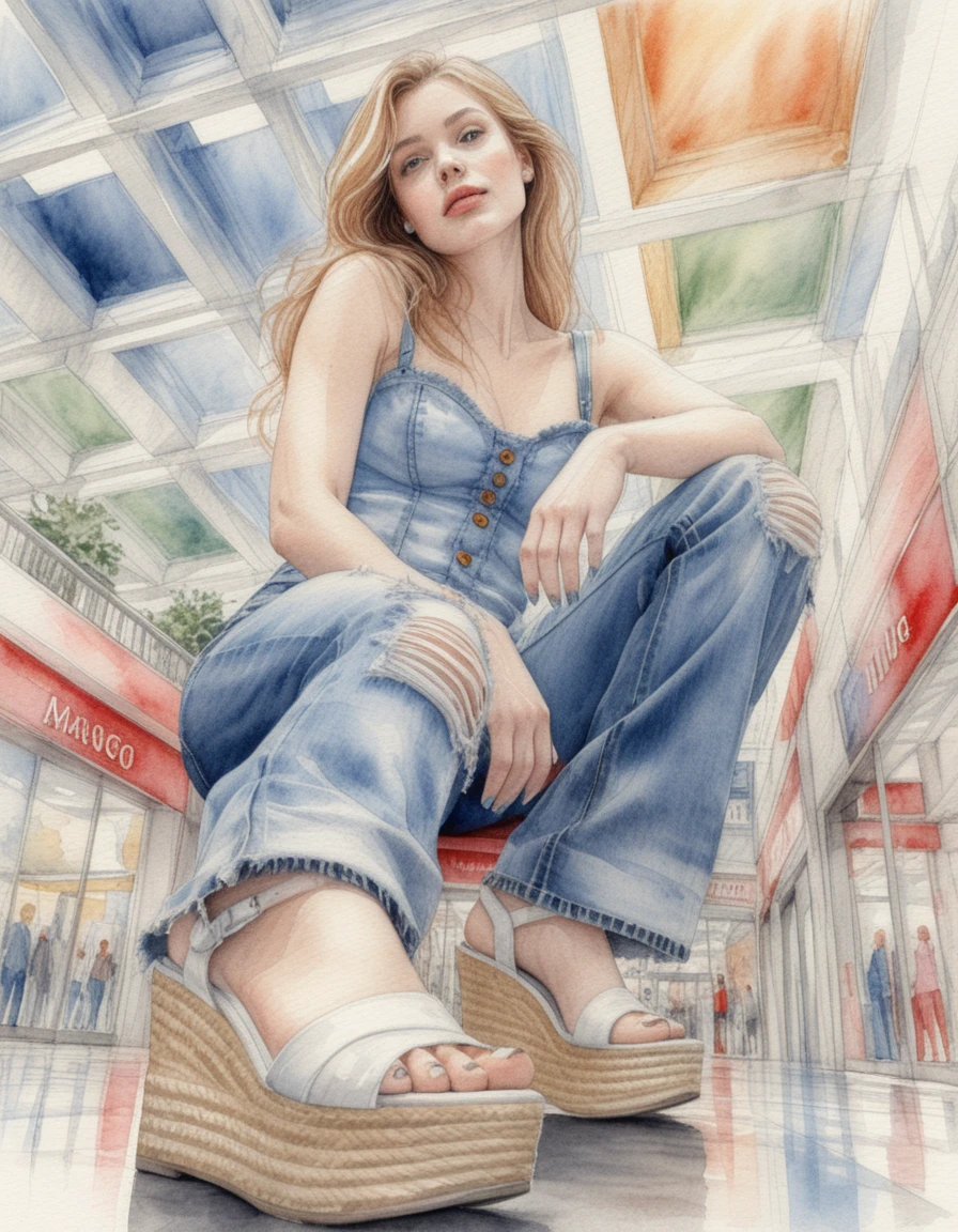 Young woman crouching in a mall from a low angle