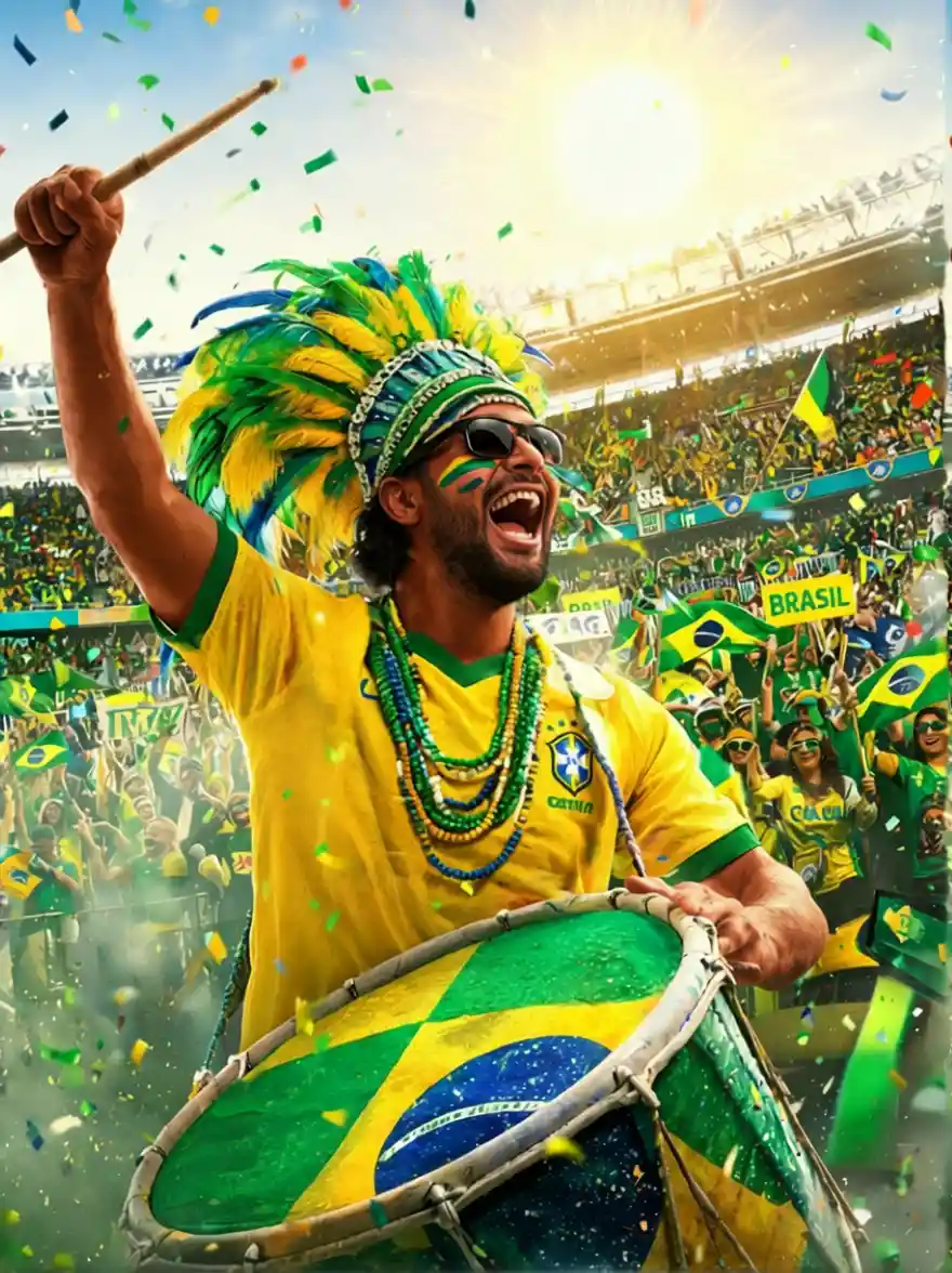 Brazilian carnival drummer cheering in a crowded football stadium