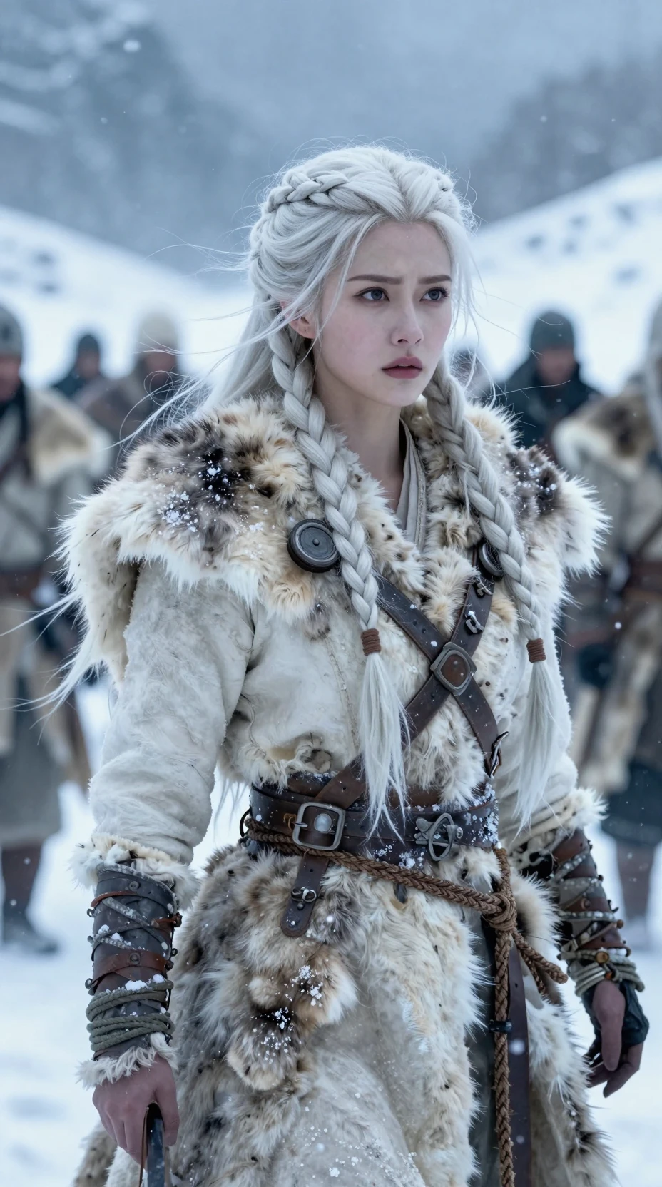 Fierce northern warrior woman in a frozen mountain pass