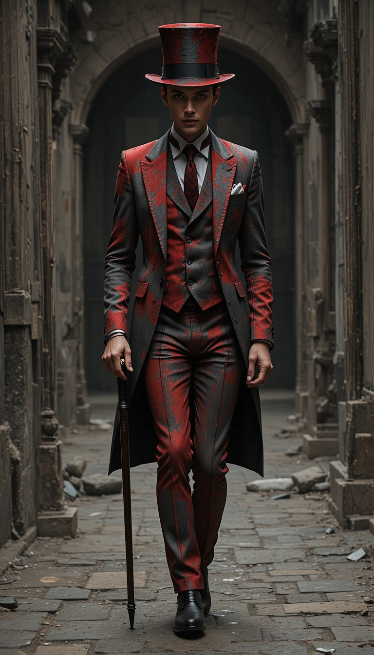 Elegant gentleman in red suit with top hat and cane