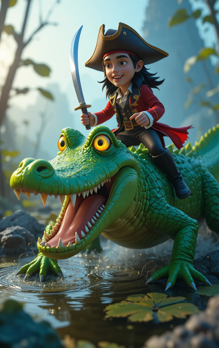 Cartoon pirate riding a green alligator in a swamp