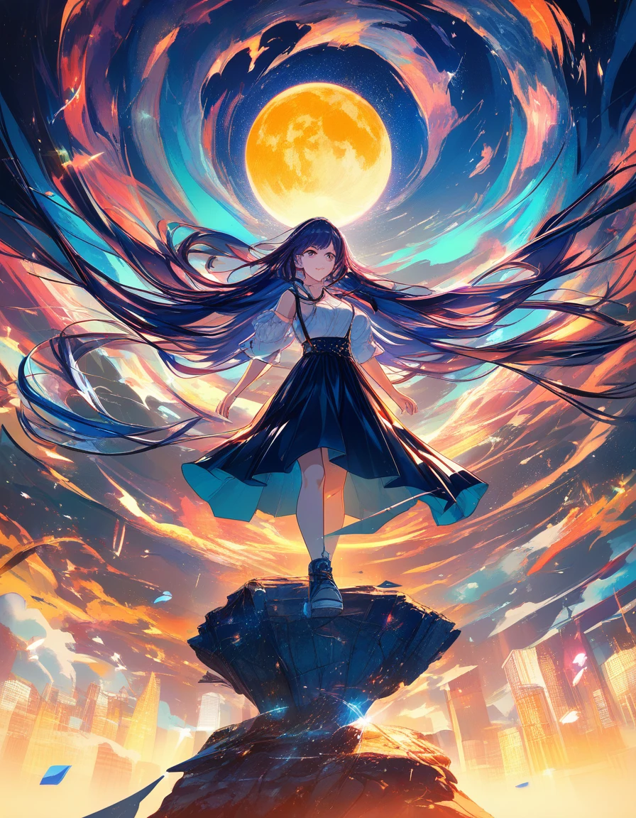 Anime woman on city rooftop with fallen glowing moon