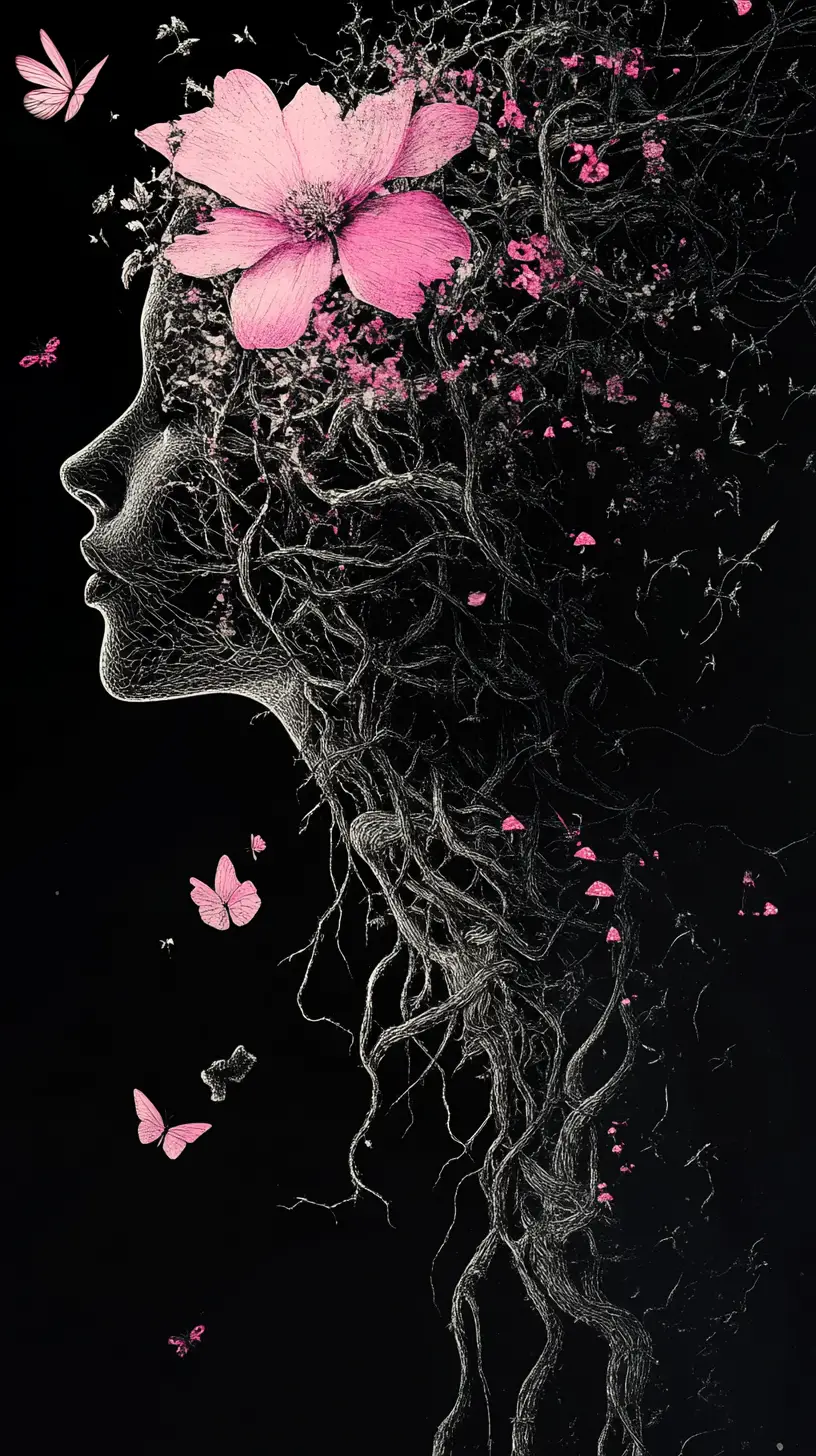 Fantasy elven silhouette filled with collapsing floral world