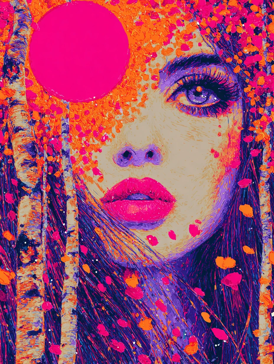Whimsical surreal woman beneath cascading petals and sun