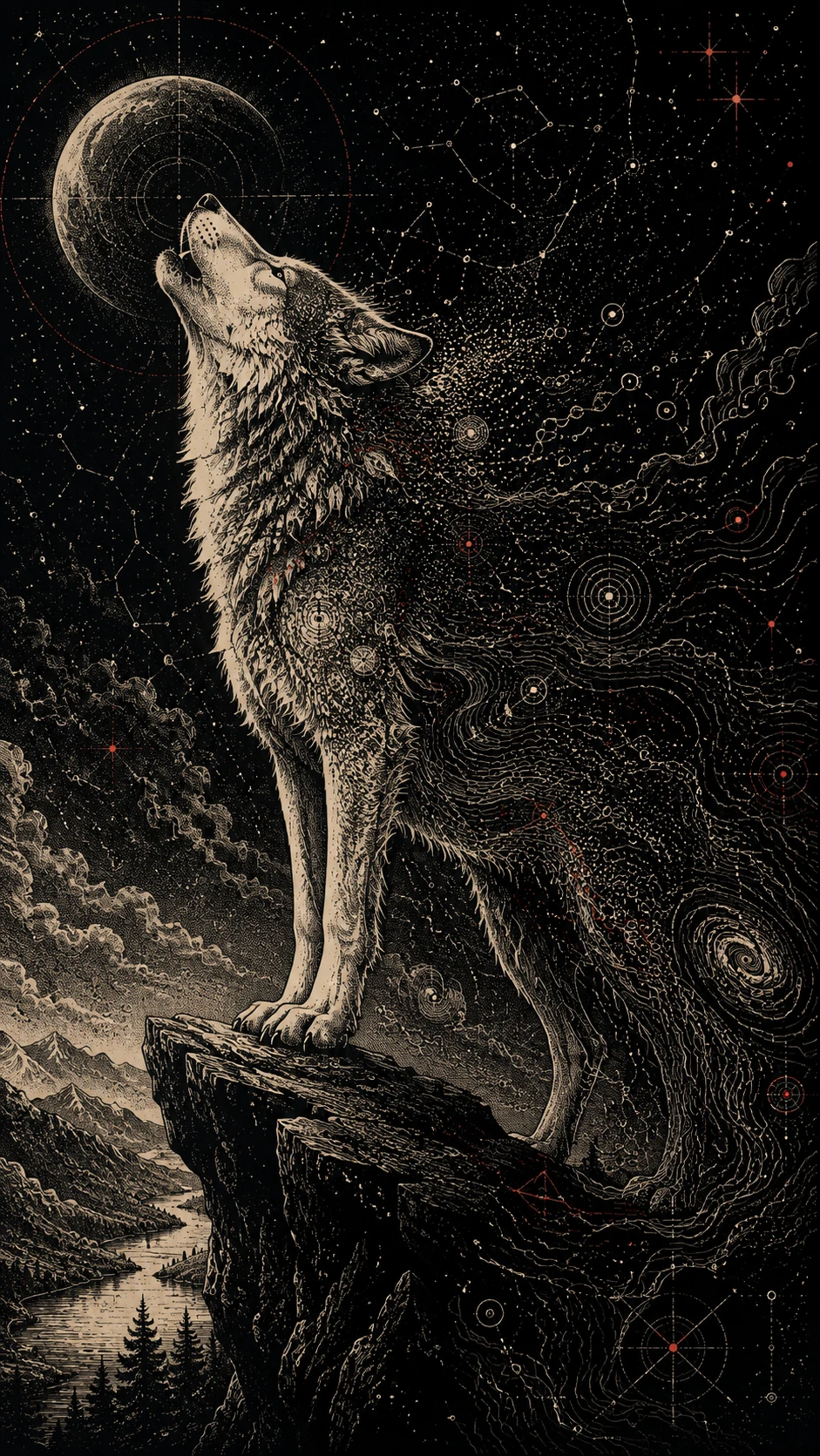 Majestic wolf on a windswept cliff under a patterned sky