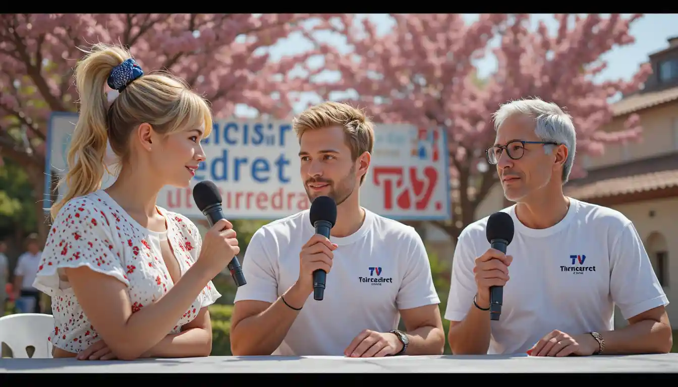 Three commentators talking at an outdoor daytime broadcast table