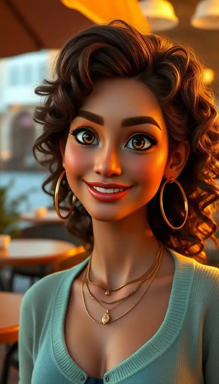 Smiling Mediterranean woman at an outdoor cafe in golden light