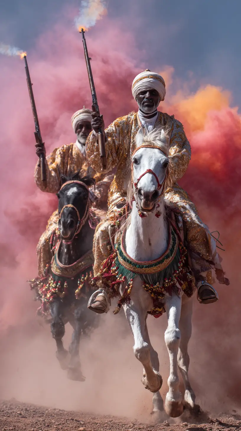 Berber riders charging in Moroccan fantasia horse performance
