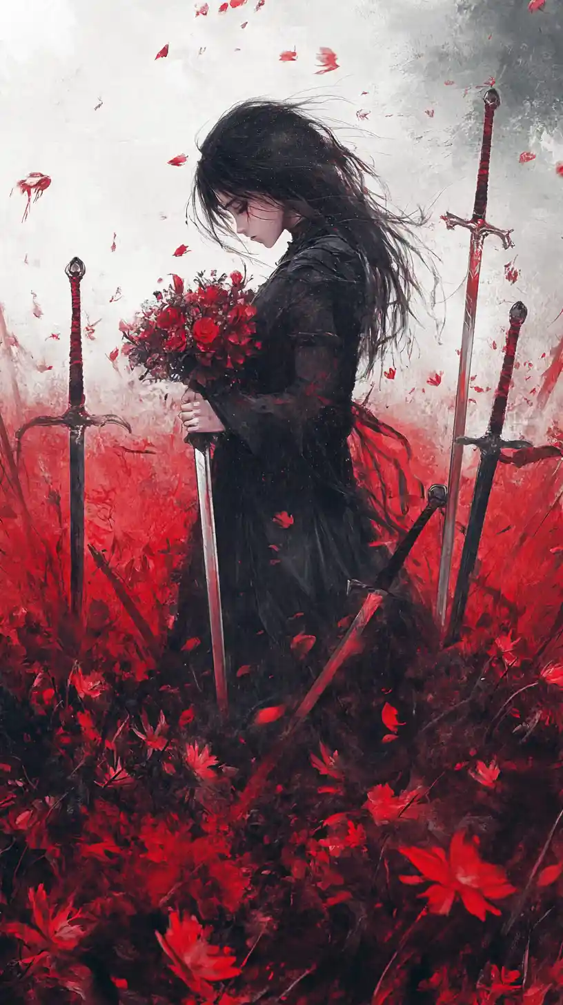 Sad girl walking in a field of swords and red mist