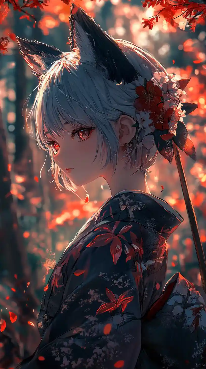 Fox eared anime girl in kimono among glowing blossoms