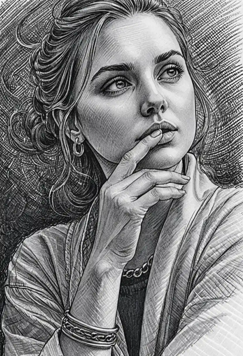 Ink portrait of a thoughtful woman with hand to her lips