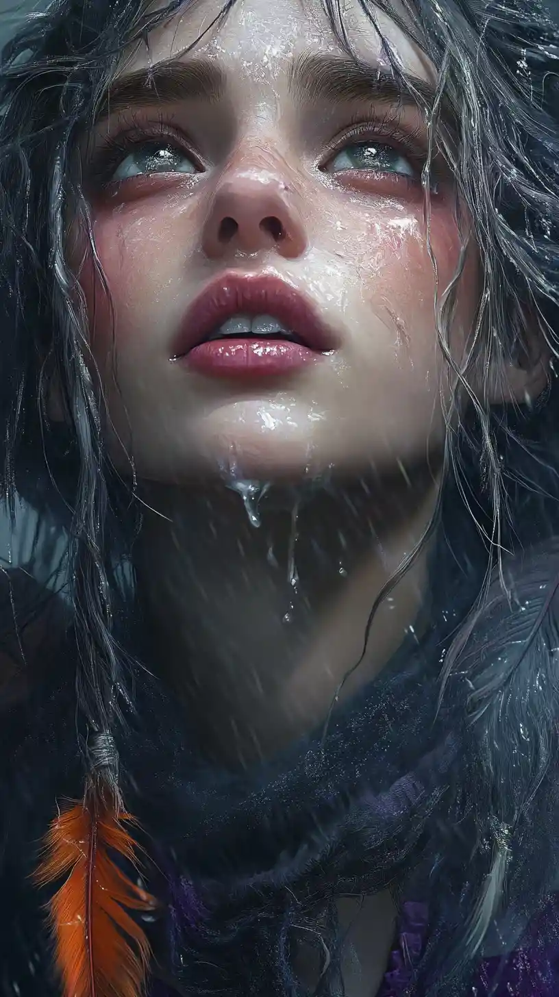 Mystical woman close up with tearful grey eyes