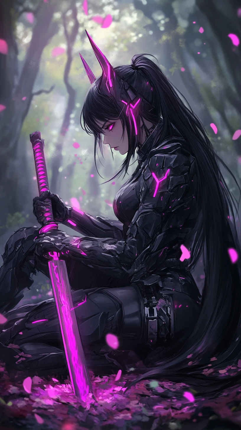 霓虹森林中的賽博龐克惡魔女戰士