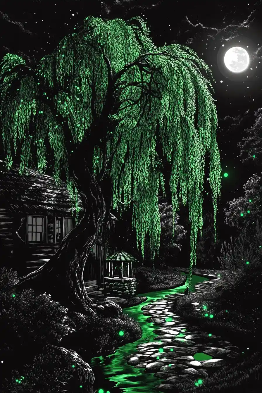 Moonlit forest cabin beneath a towering weeping willow