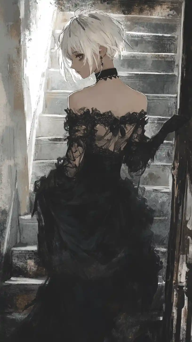 Anime girl in black dress descending a vintage staircase