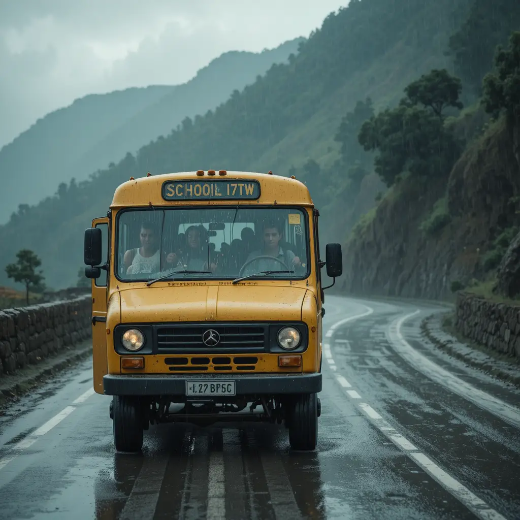 Autobús escolar amarillo en carretera de montaña lluviosa en Murree, Pakistán