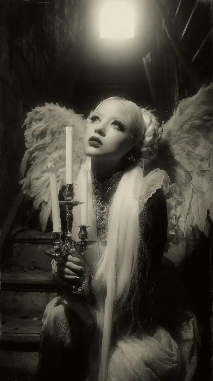 Whimsical fairy with jeweled wings holding a glowing candelabra