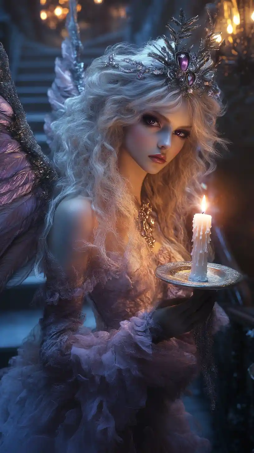 Fantasy fairy woman with jeweled wings holding a candle