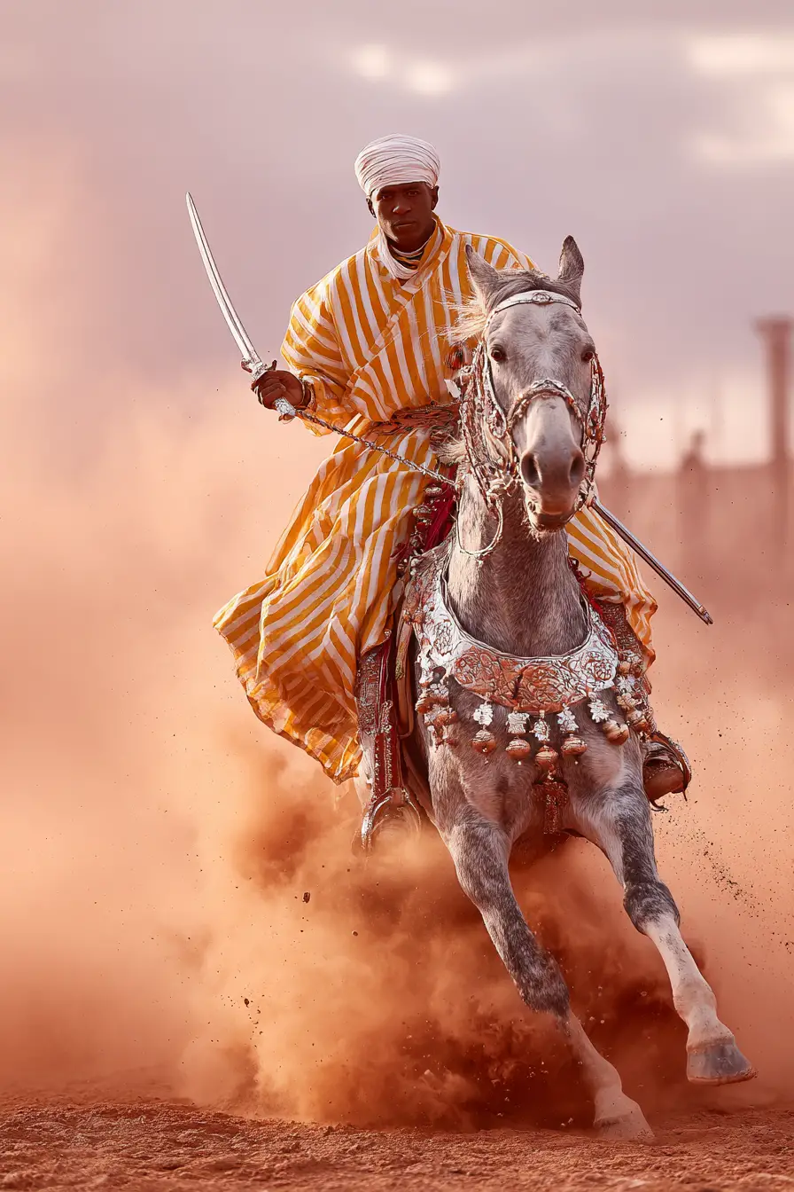 Cavaliere marocchino su cavallo impennato tra polvere e luce drammatiche