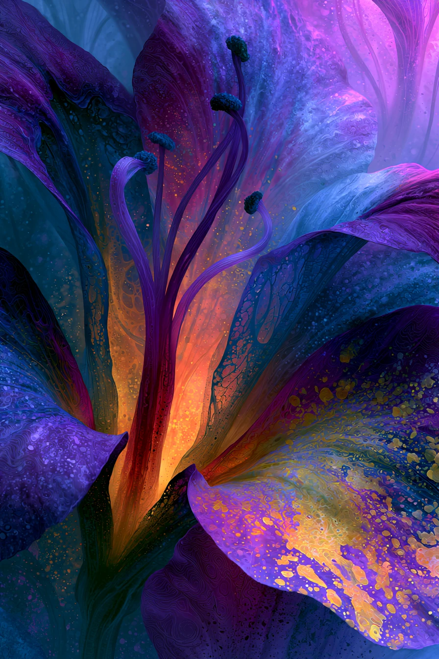 Surreal journey inside glowing flower petals and stems