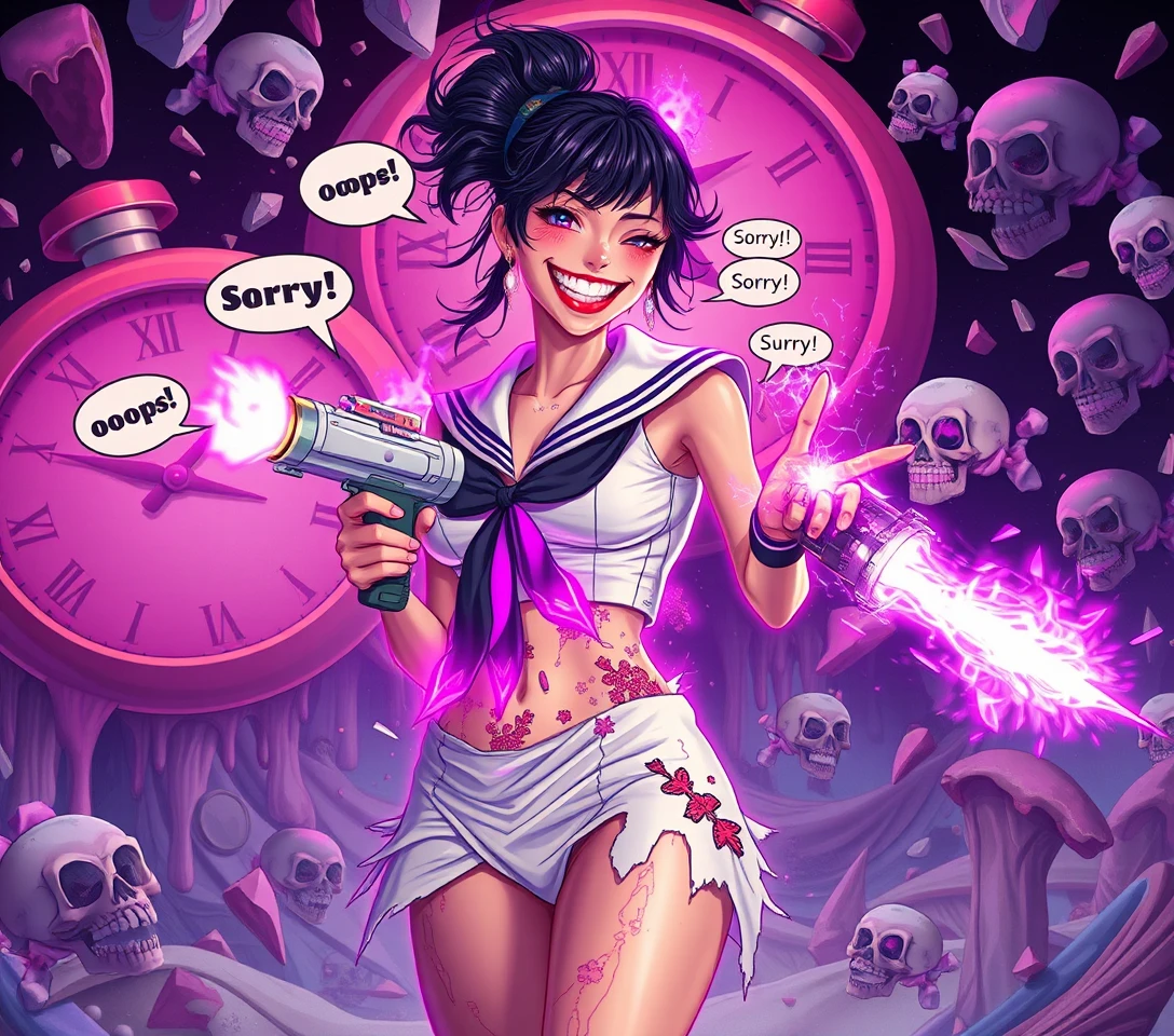 Surreal biomechanical woman with ray gun in neon chaos