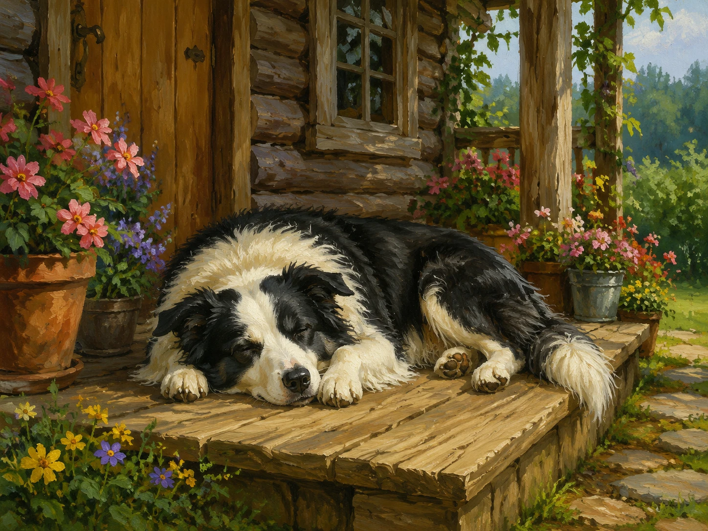 Sleeping border collie on a rustic wooden cabin porch