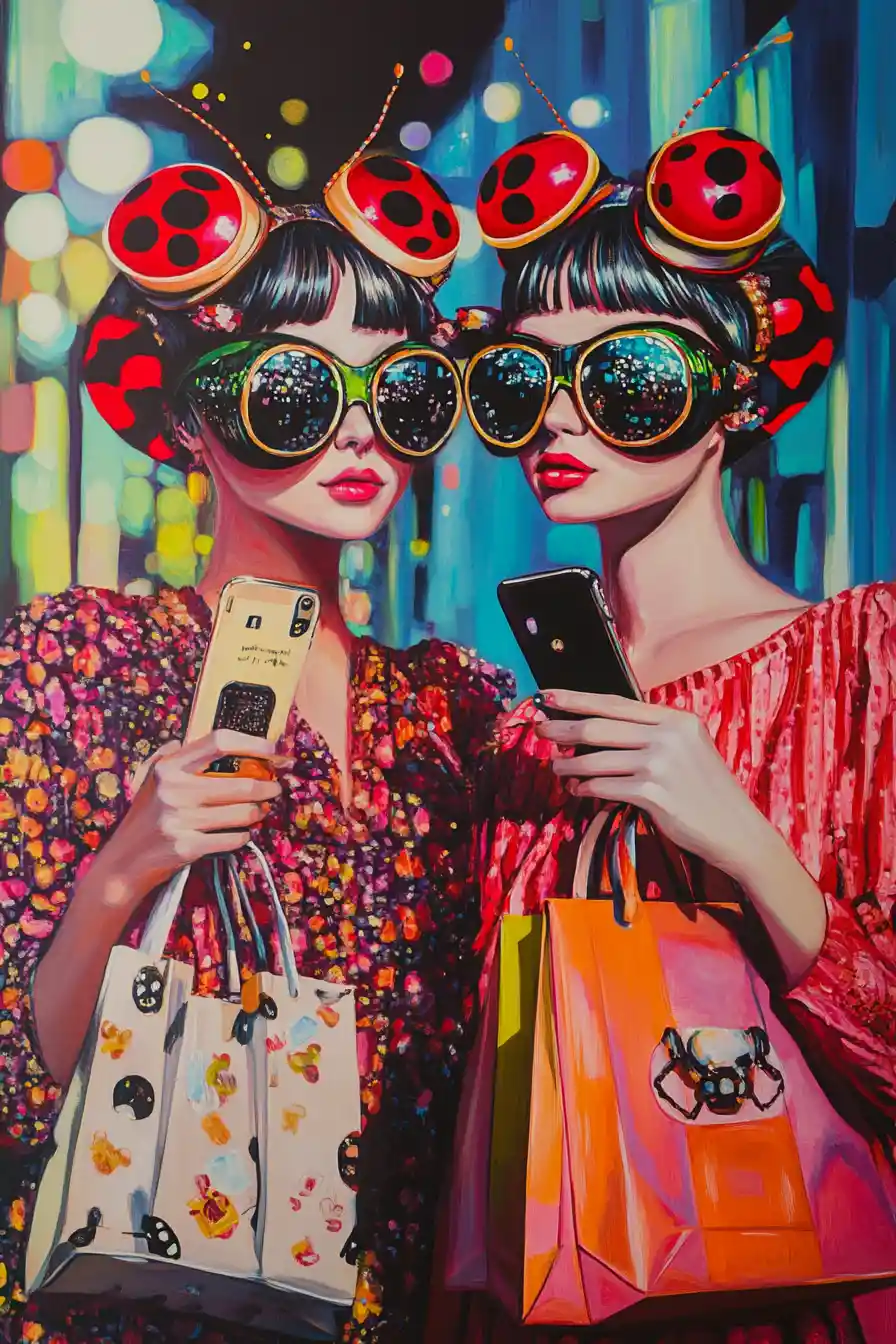 Two ladybug fashionistas shopping in a surreal boutique