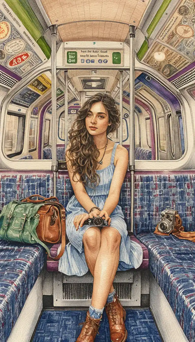Young woman on London Underground seat in pencil illustration