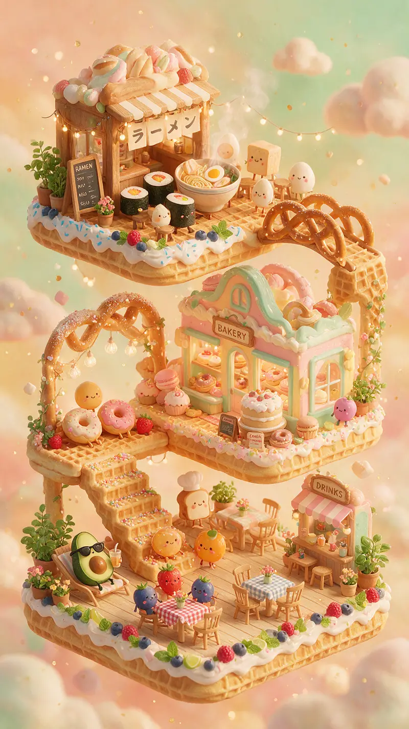 Whimsical Miniature Food Village In Vertical Fantasy World