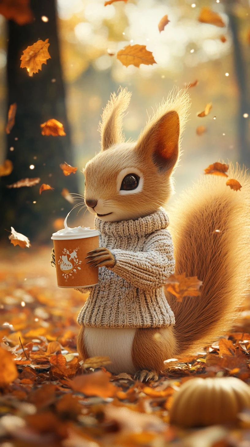 Cozy squirrel in sweater with autumn drink and leaves