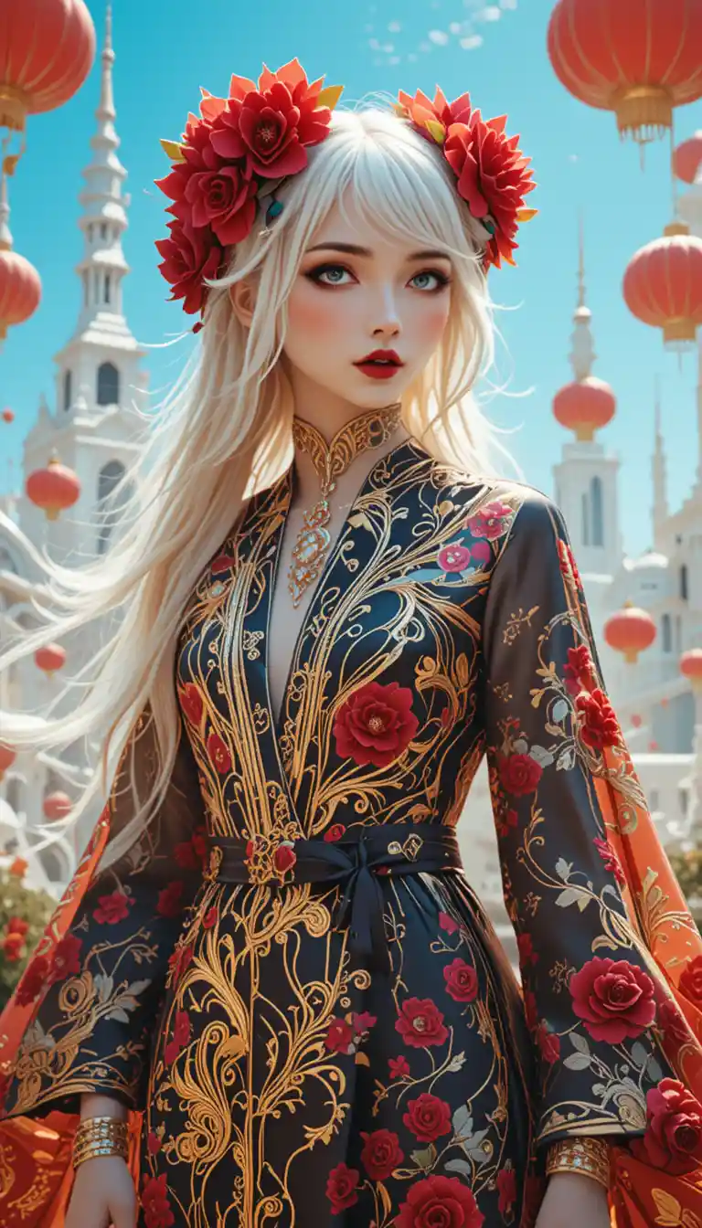 White haired woman in silk robe in utopian city