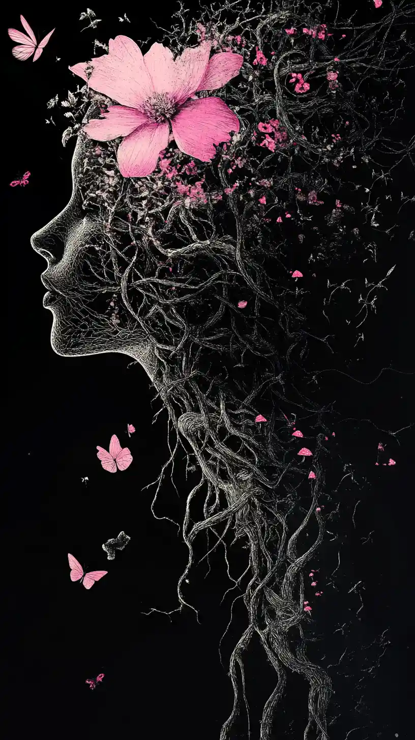Fantasy elven silhouette filled with collapsing floral world