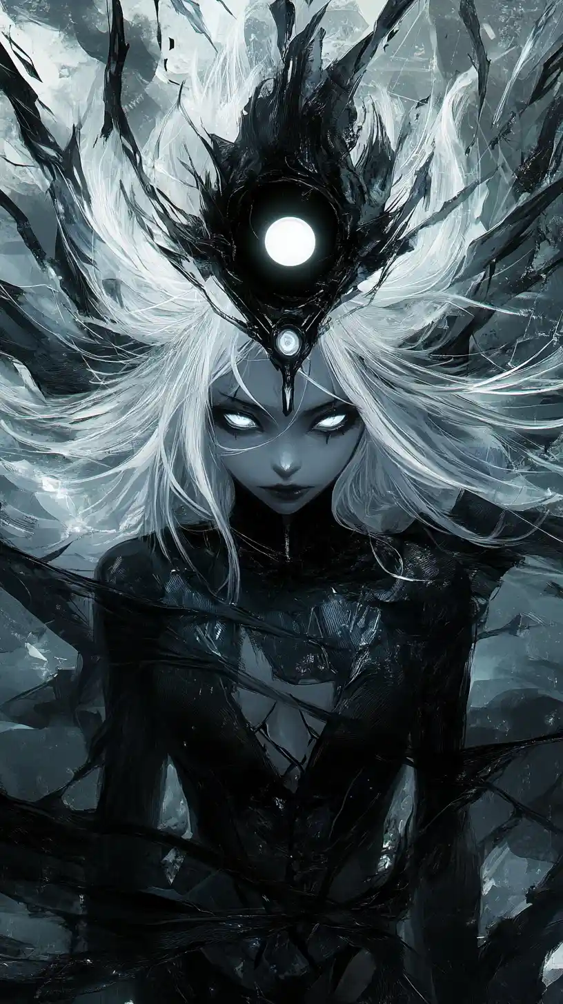 Anime girl with glowing third eye and wild white hair