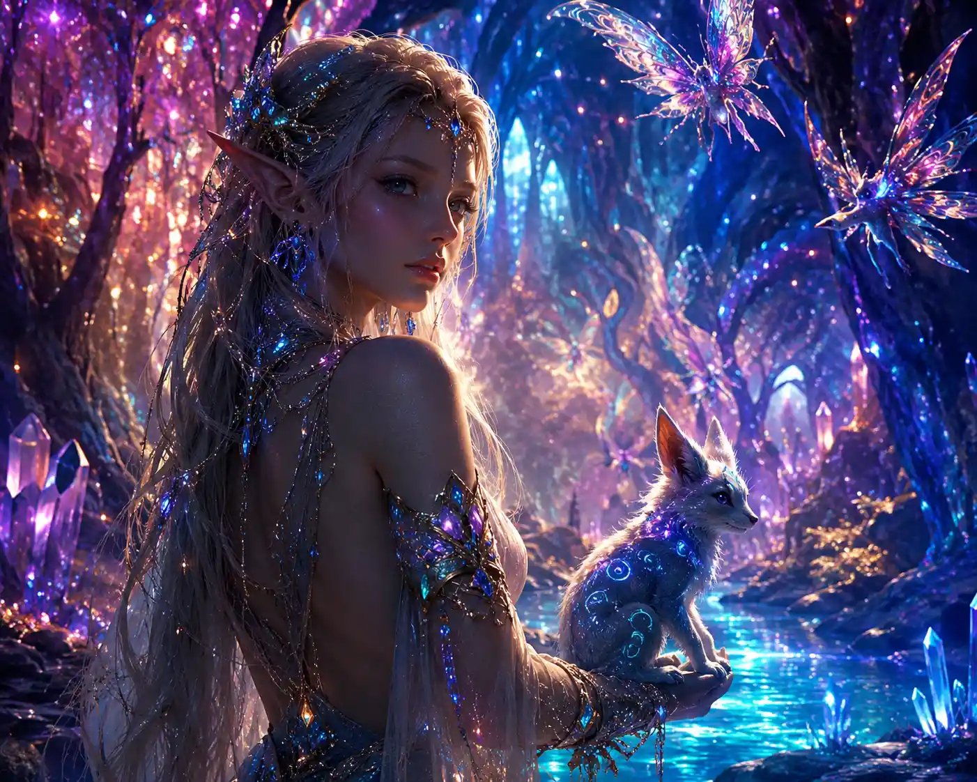 Mythic creature in a luminous crystalline fantasy forest