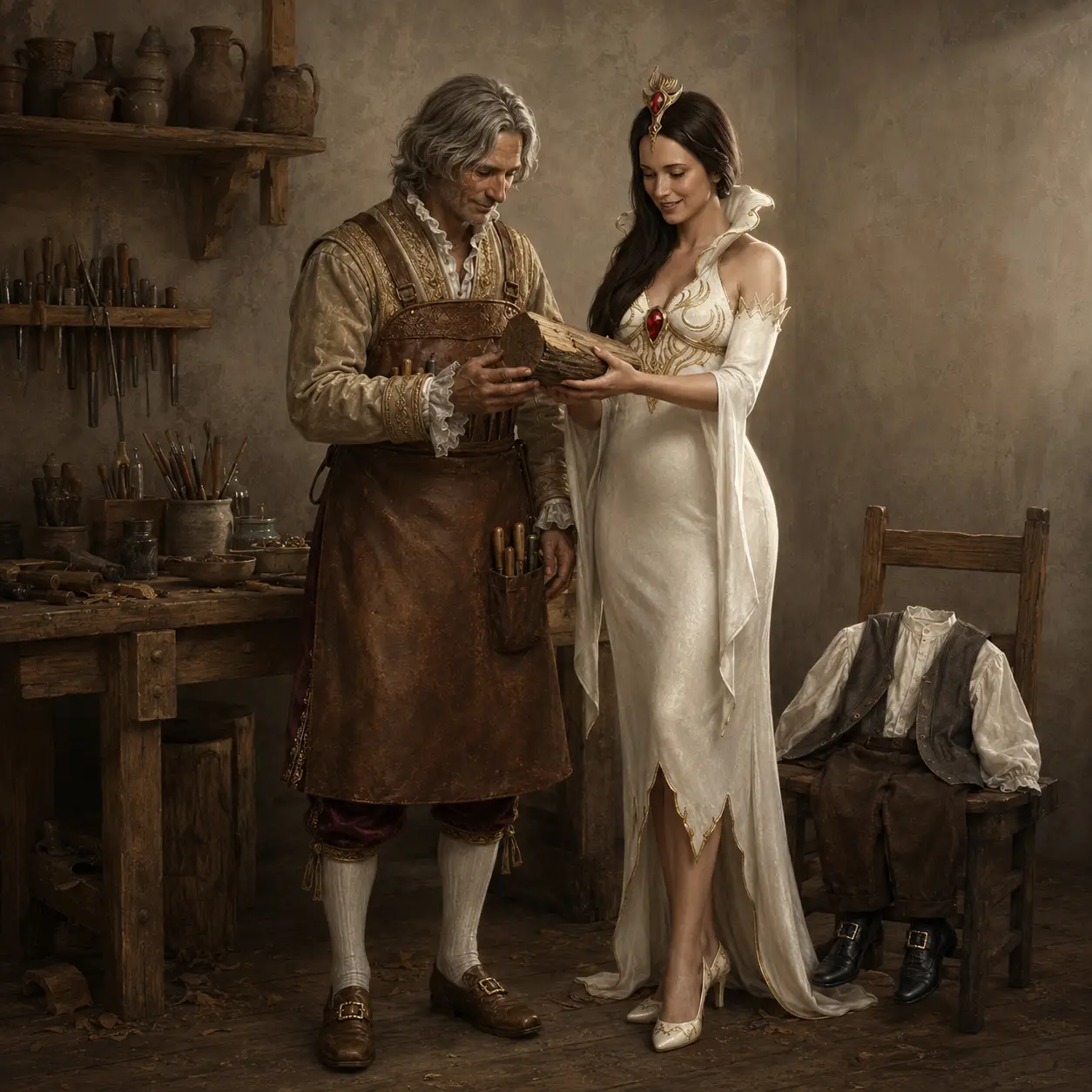 Renaissance style couple standing in a simple wood workshop